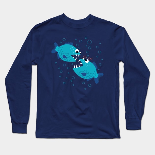 Funny Gossiping Blue Piranha Fish Long Sleeve T-Shirt by Boriana Giormova